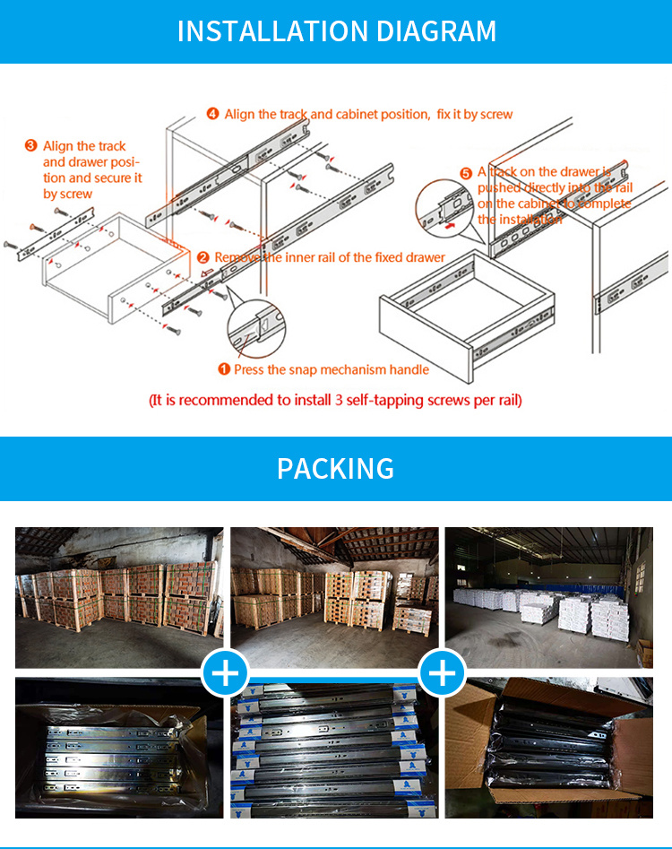 Soft Closing Drawer Slide with Ball Bearing by Galvanzied Steel 45mm Three Fold Drawer Slides