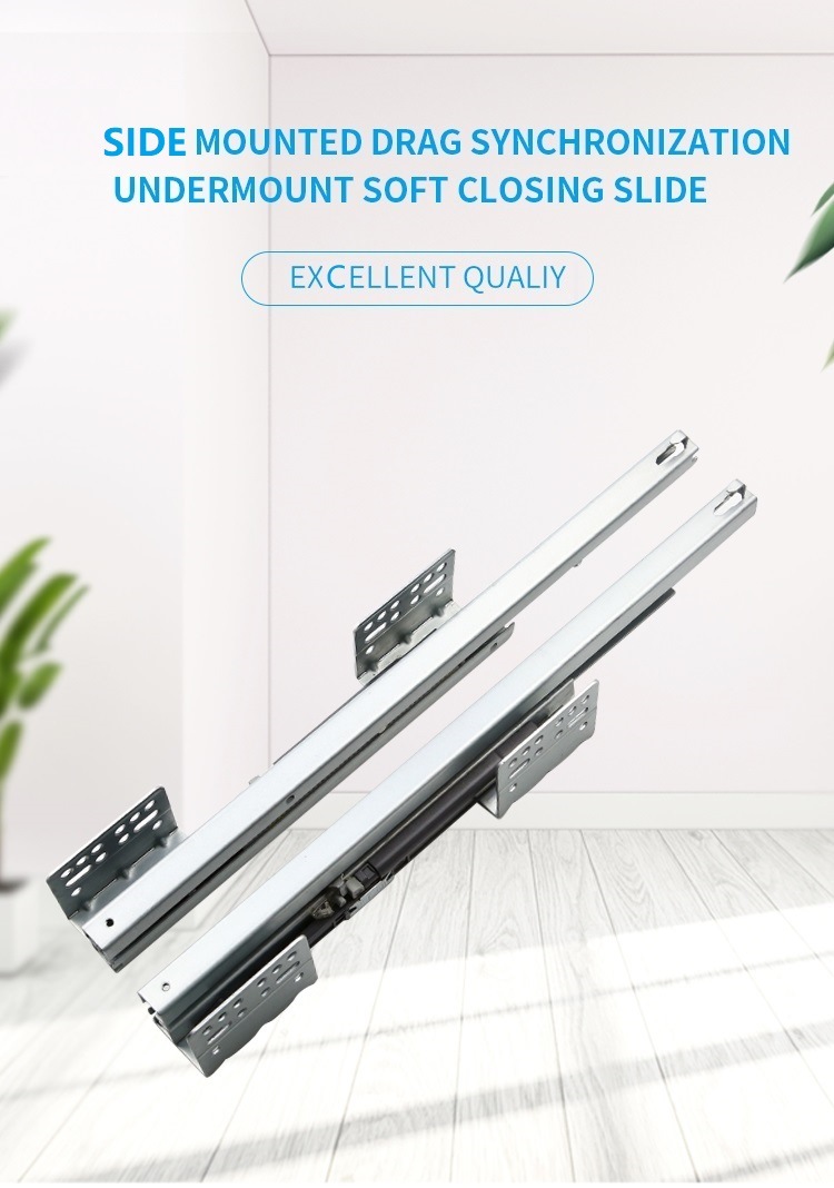 China Factory 3 Fold Damper Basket Channel Sliders Locking Hidden Telescopic Rails Soft Closing Undermount Concealed Drawer Slide